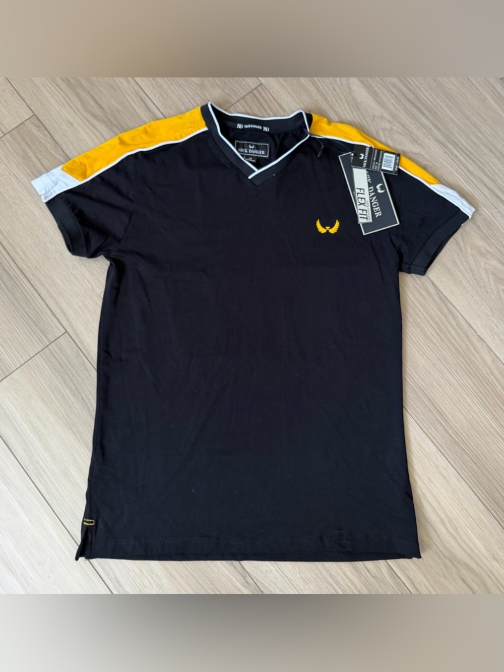 NWT Nick Danger Black Flex Fit T with Yellow Shoulder Panels White Trim Sz Med